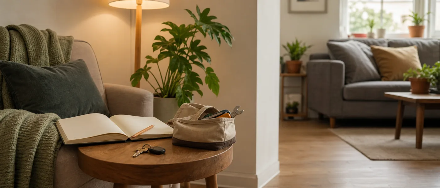 Apartment reading corner with an open notebook, keys and basic household tools