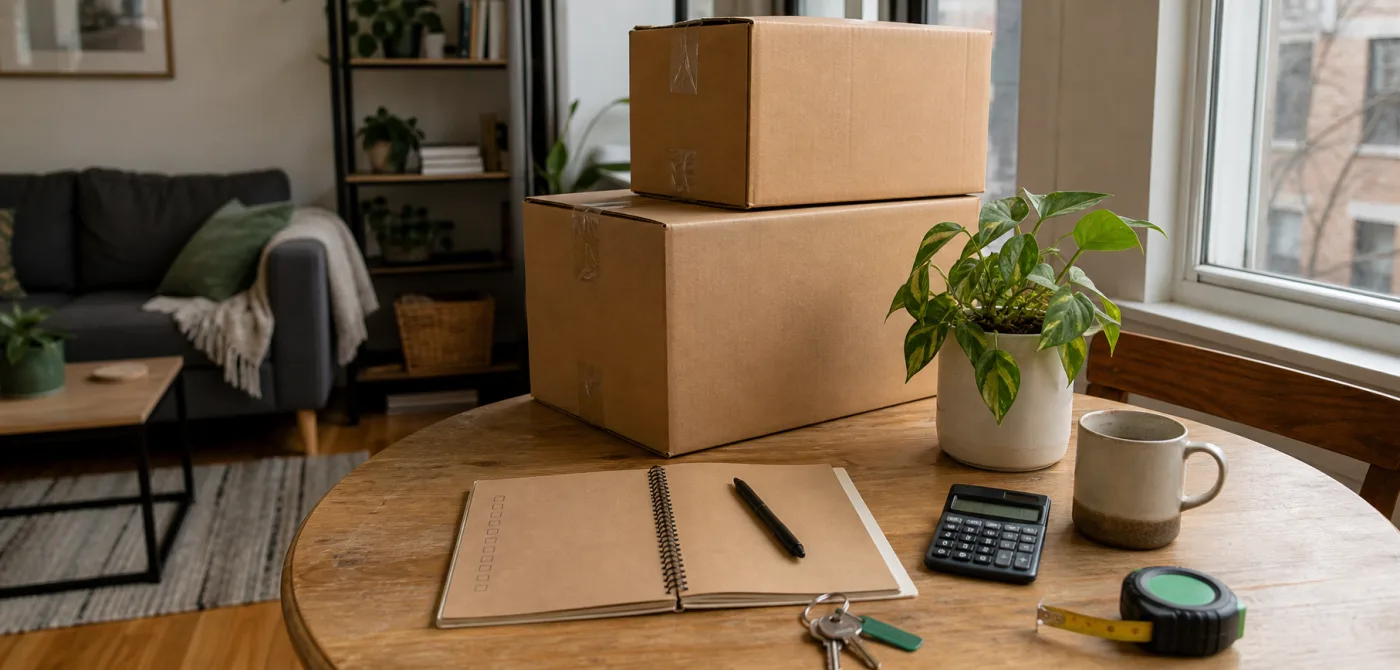 Moving boxes, keys, calculator and planning notebook in a bright apartment